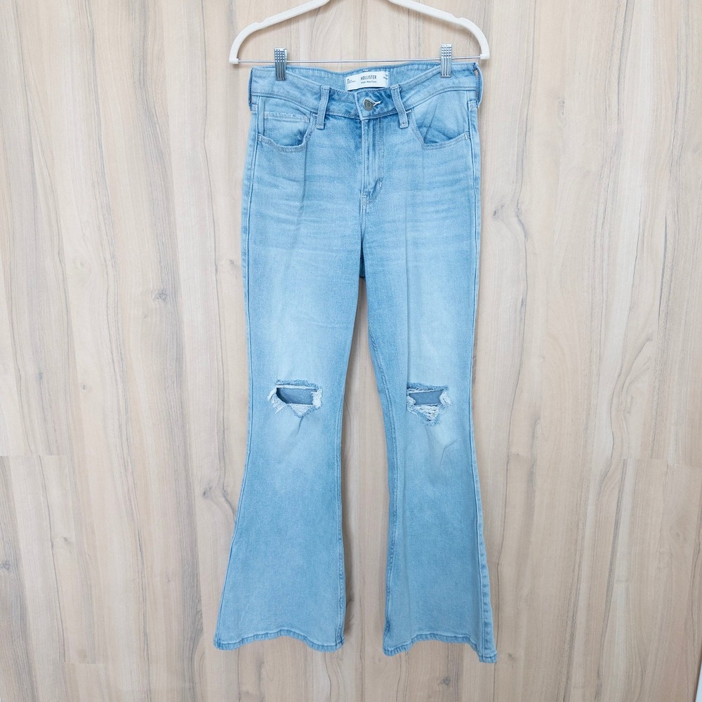 Hollister Womens High Rise Flare Jeans 6R Light Wash Distressed Y2K Boho Western